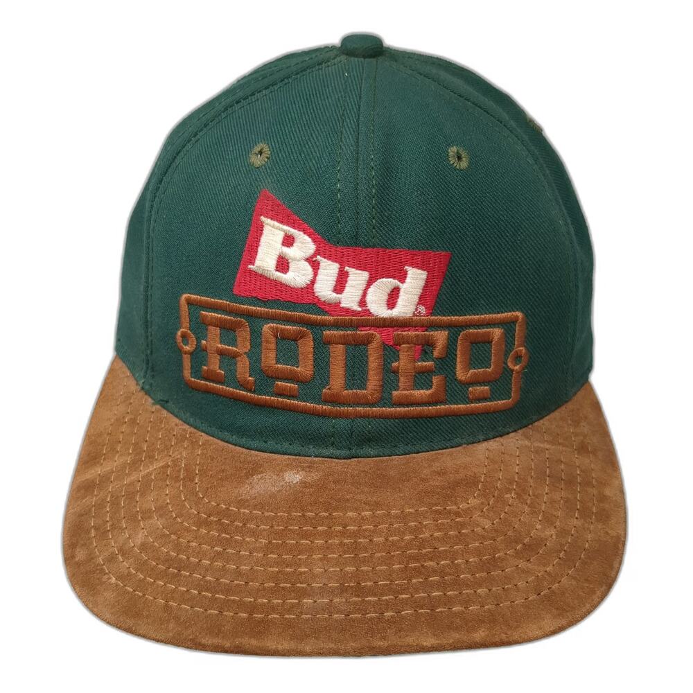 Budweiser Rodeo Baseball Cap Green OS Leather Strapback Suede Brim Hat Vintage